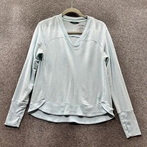 LL Bean SoftFlex Pullover Sweatshirt XS Blue V Neck Relaxed Casual Thumb Hole‎